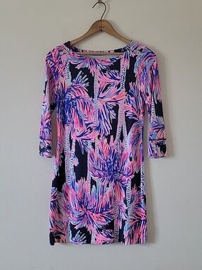 Lilly Pulitzer Bright Navy Pink Sophie UPF 50+ Boat Neck Palms Up Dress Size XS